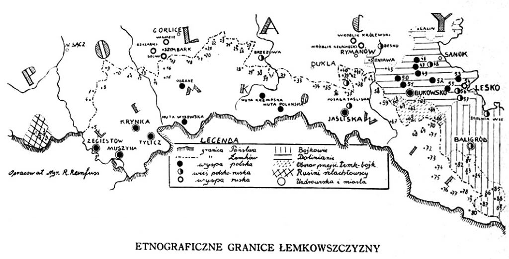 Tereny zamieszkiwane przez Łemków według prof. R. Reinfussa w 1936 r.